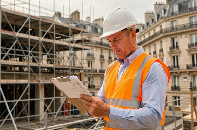 Chef de projet construction en gilet haute visibilité consultant des documents administratifs devant un chantier parisien avec échafaudages en acier