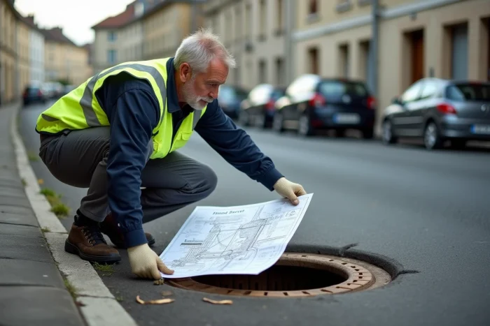 Agent municipal accroupi près d'un regard d'égout ouvert tenant un schéma du réseau d'assainissement dans une rue française