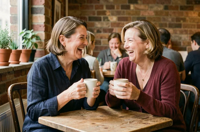 Deux femmes d'une cinquantaine d'années riant ensemble autour d'un café, illustrant la création de liens sociaux après 50 ans