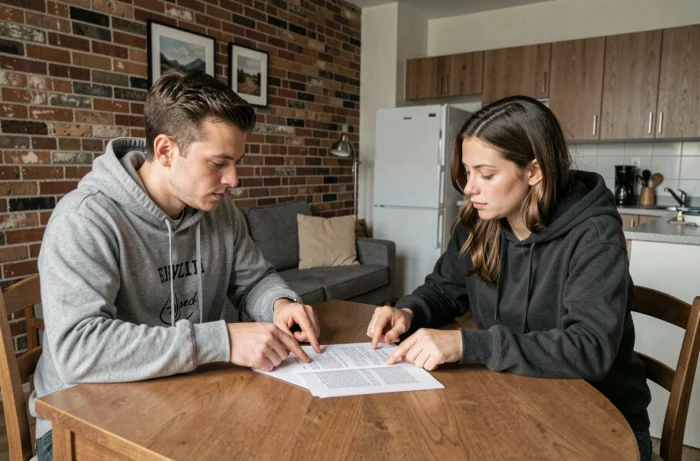 Deux locataires analysant ensemble les clauses d'un contrat de location meublée à la table du salon