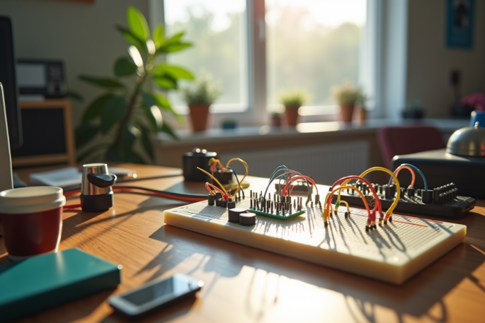 Espace de travail lumineux avec composants électroniques