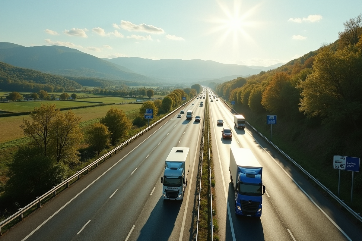 Autoroute française vue aérienne avec véhicules en déplacement
