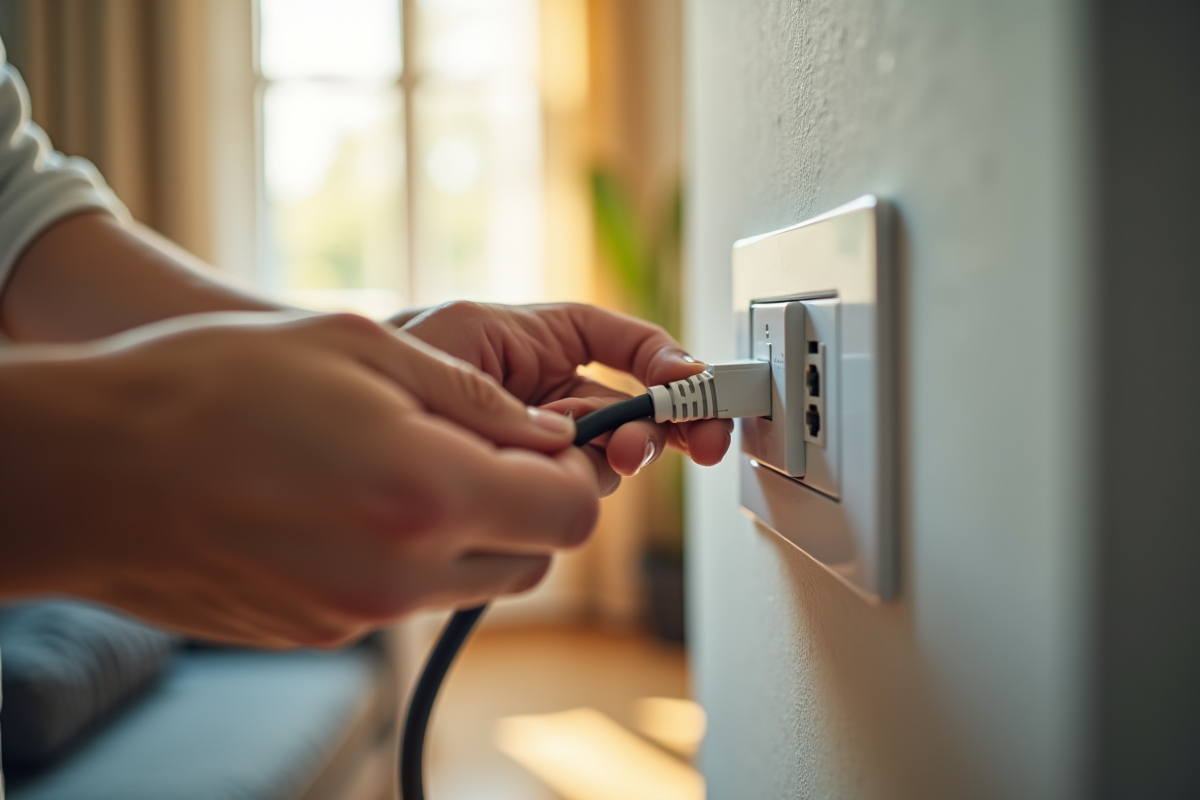 Main connectant un cable réseau dans un salon lumineux