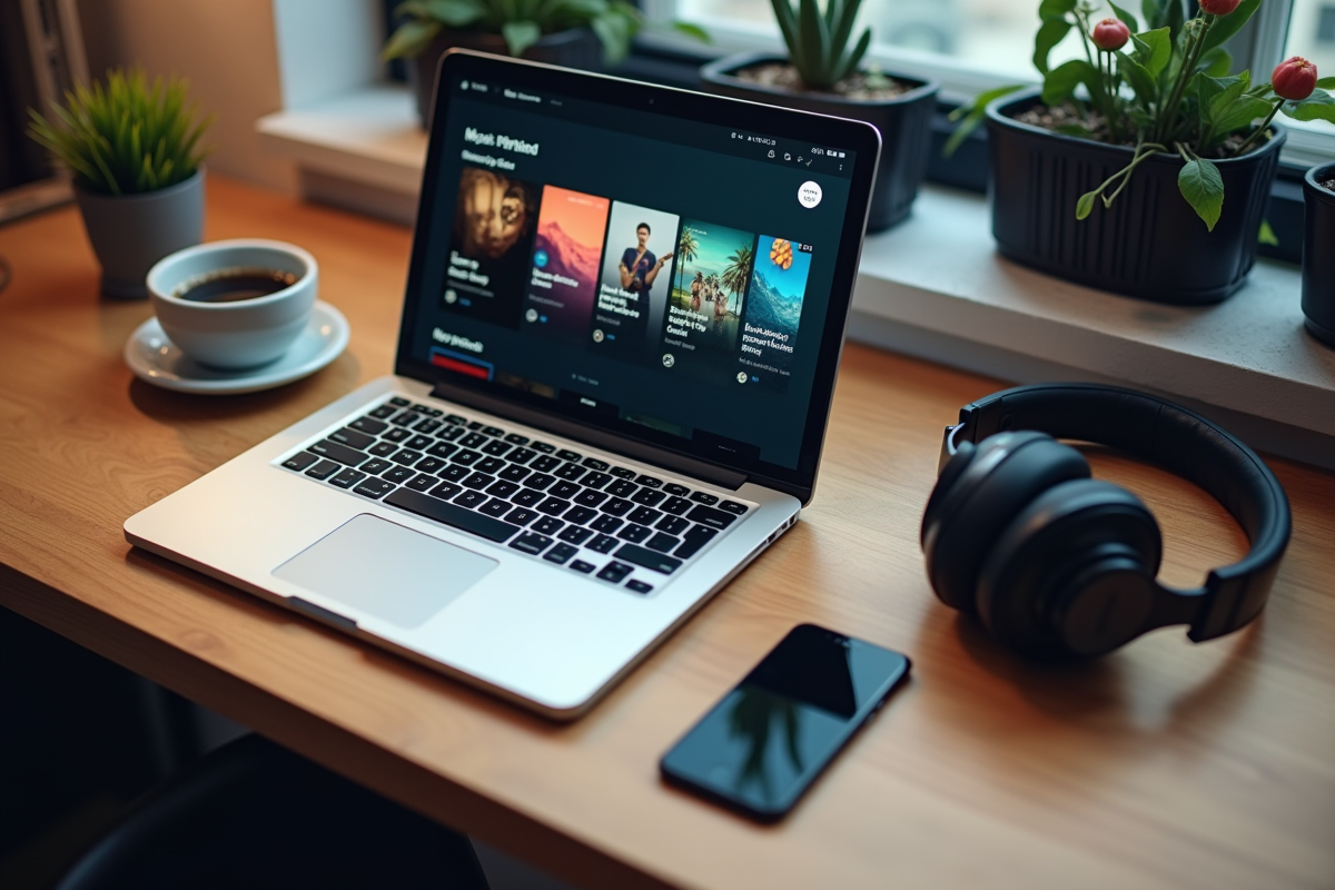 Bureau avec ordinateur et casque audio pour musique
