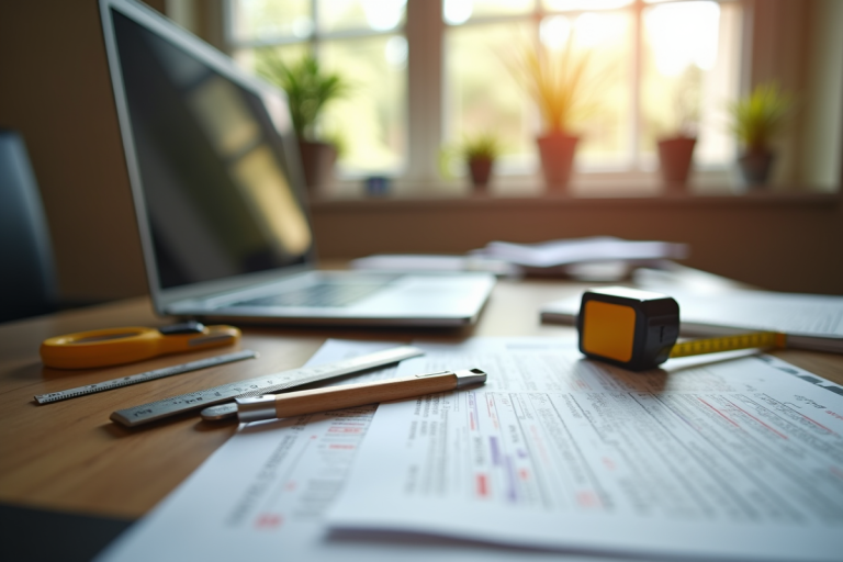 Bureau avec outils de mesure et graphiques lumineux