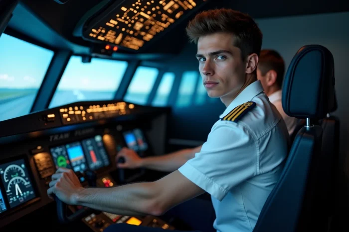 Jeune cadet pilote en formation sur simulateur de vol Air France, concentré sur les instruments de bord