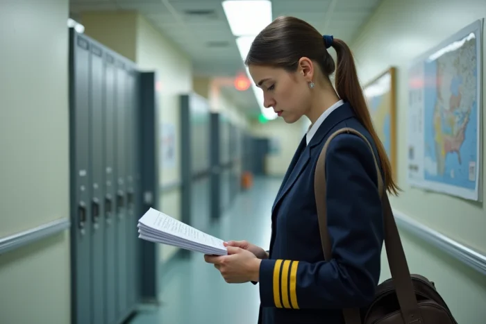 Cadette pilote consultant un manuel aéronautique dans le couloir d'une école de pilotage professionnelle