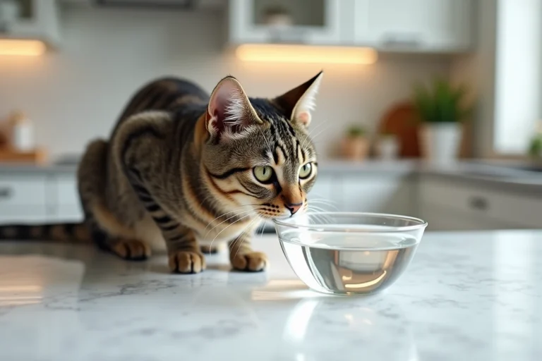 Chat tabby buvant de l'eau minérale dans un bol en verre sur un plan de travail en marbre blanc dans une cuisine moderne