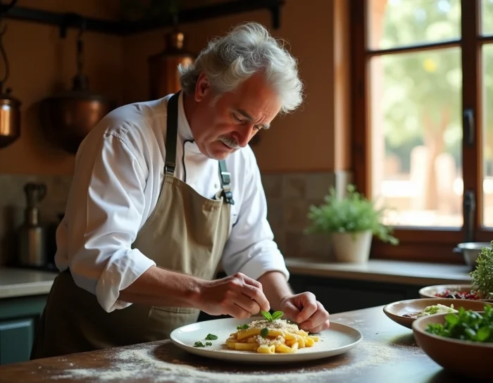 Chef italien concentré sur le dressage d'un plat de pâtes artisanales aux truffes dans une cuisine de trattoria rustique
