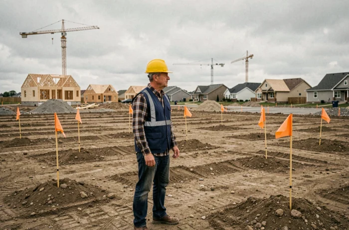 Un chef de projet en gilet de sécurité supervise un terrain à bâtir pour un projet de construction immobilière neuve