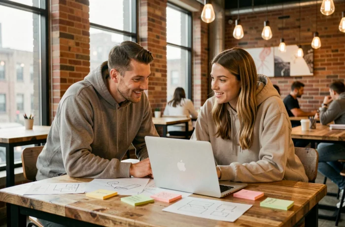 Deux designers UX collaborant sur des wireframes et tendances numériques dans un espace de coworking moderne et lumineux