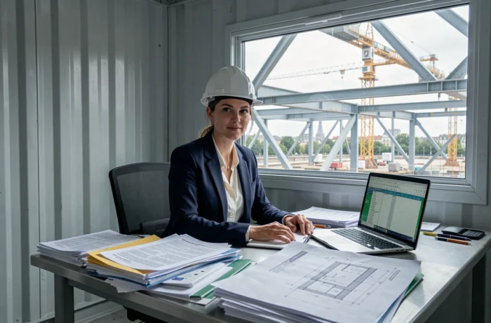 Consultante administrative en bureau de chantier modulaire à Paris travaillant sur des dossiers de permis de construire et plans techniques en acier
