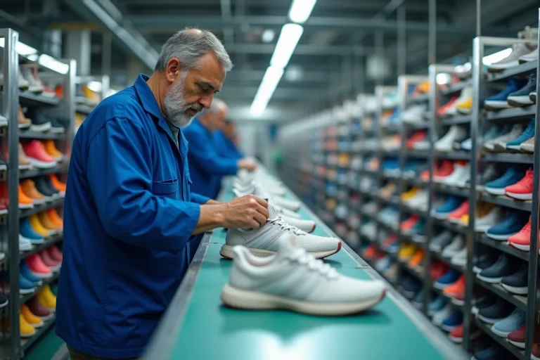 Ouvrier inspectant des sneakers dans une usine moderne