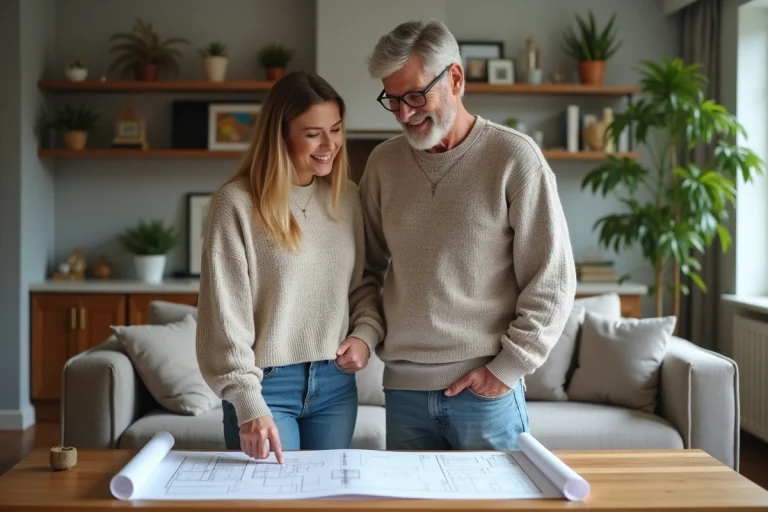 Couple d'adultes regardant des plans dans un salon moderne