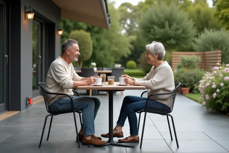 Couple d'adultes profitant d'un café sur une terrasse spacieuse
