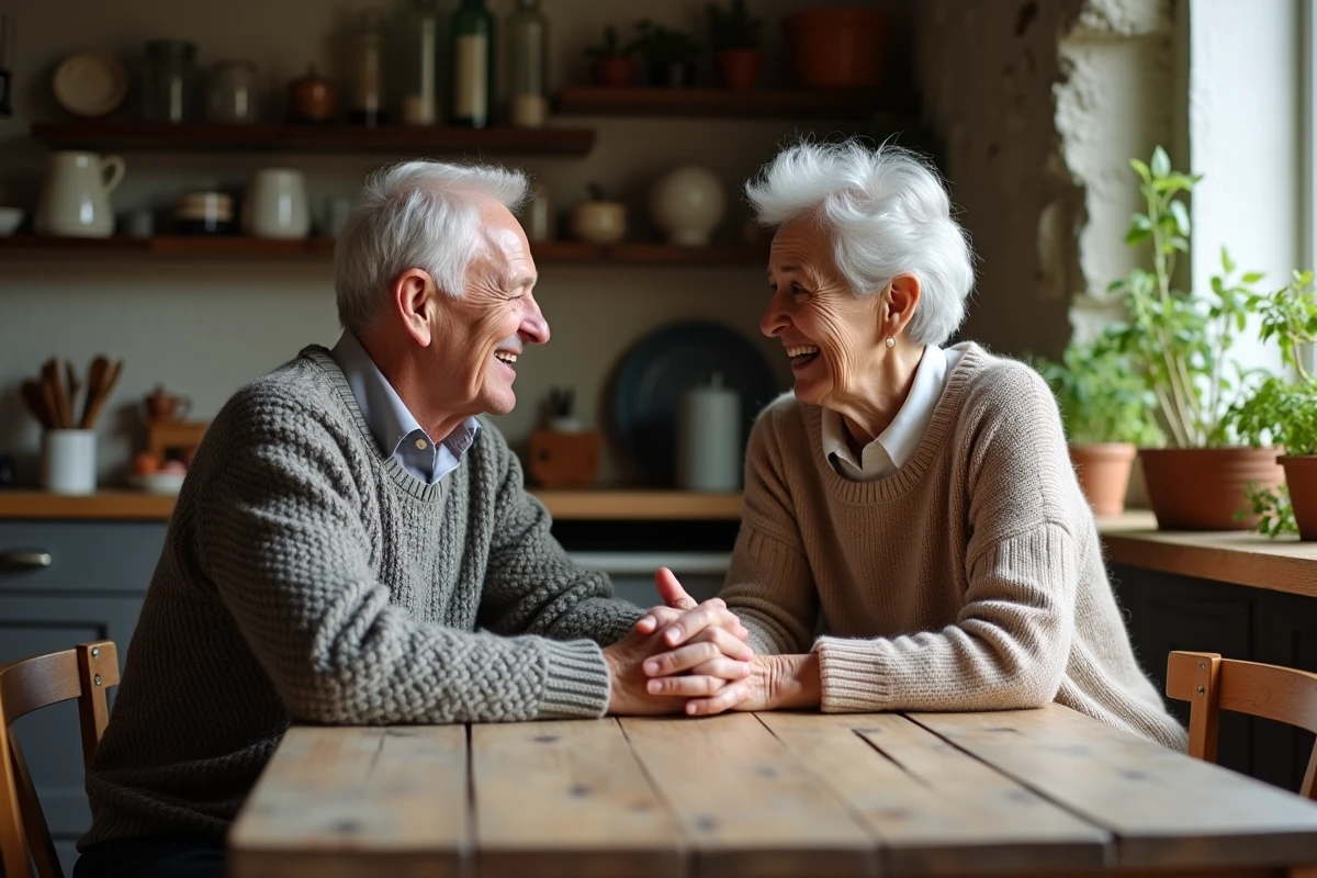 Couple âgé partageant un moment dans une cuisine chaleureuse