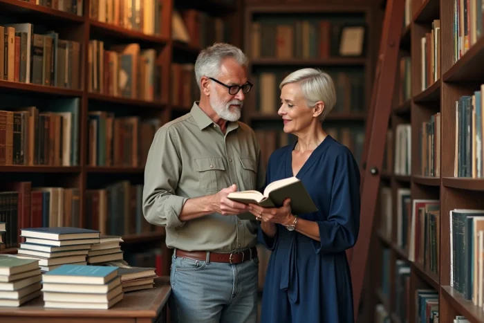 Couple complice feuilletant des livres dans une librairie parisienne indépendante, symbolisant la vie privée et intellectuelle partagée d'un écrivain et de sa compagne