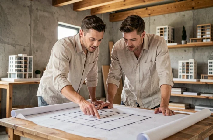 Un couple examine des plans architecturaux dans un studio d'architecte pour préparer un projet de construction immobilière