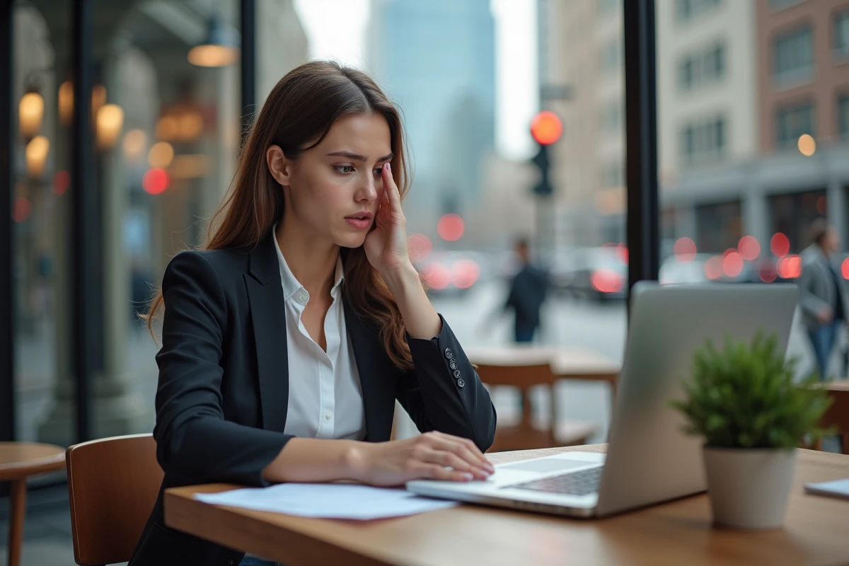 Jeune femme broker au café avec documents et laptop