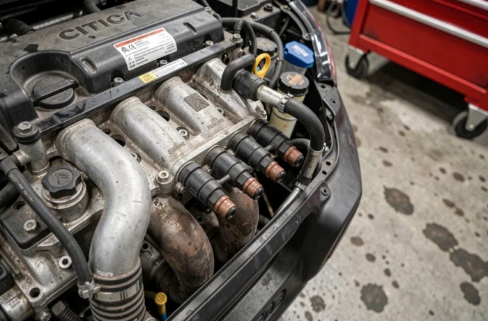 Détail du compartiment moteur d'un C3 Aircross avec kit de conversion bioéthanol E85 installé