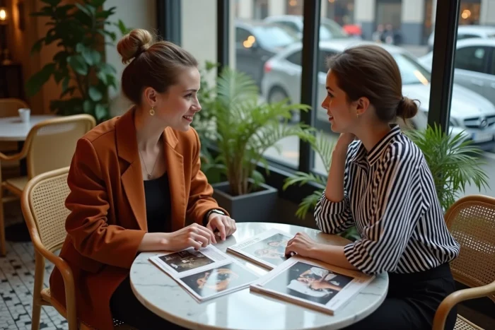 Deux femmes discutant de tendances culturelles autour de magazines ouverts dans un café parisien moderne