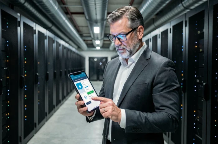 Directeur informatique analysant un système de gestion des identités numériques sur tablette dans une salle de serveurs d'entreprise