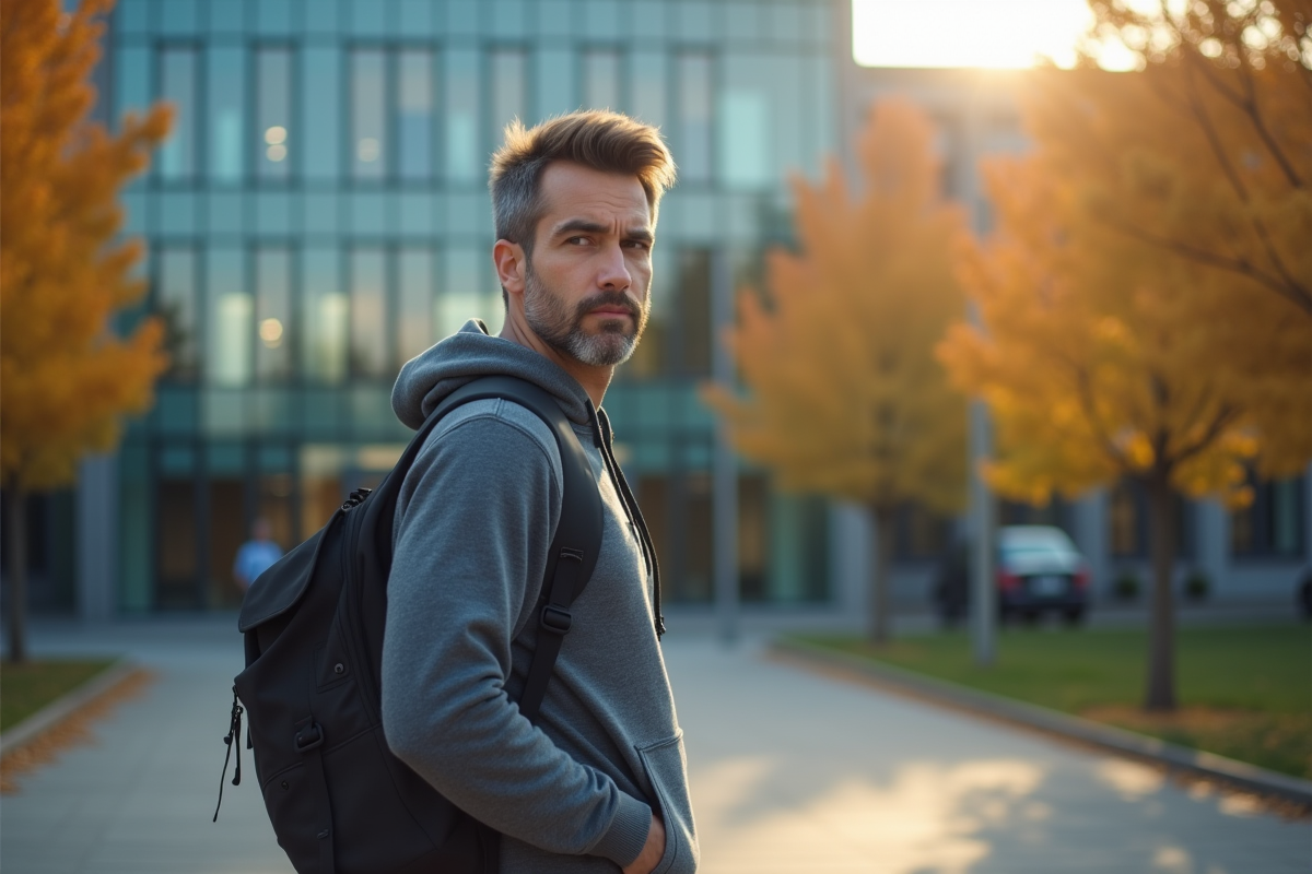 Etudiant déterminé devant une université moderne