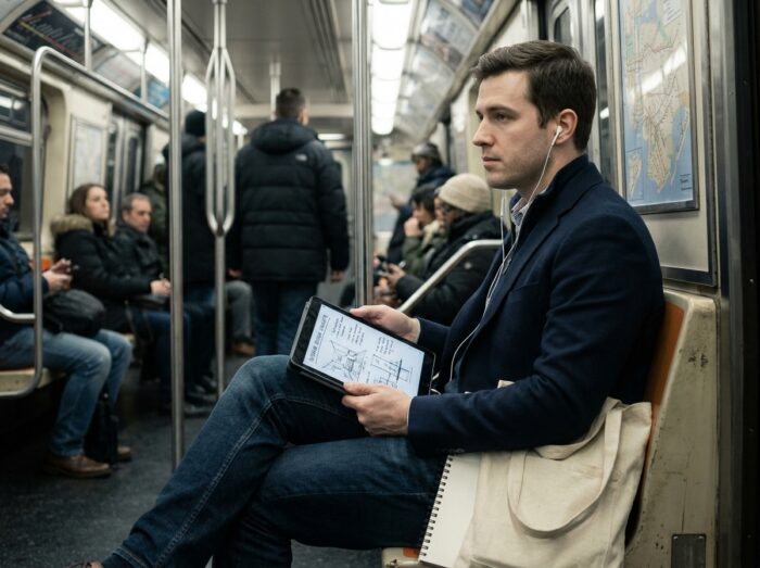 Homme étudiant les cours d'architecture d'intérieur sur tablette pendant son trajet en métro