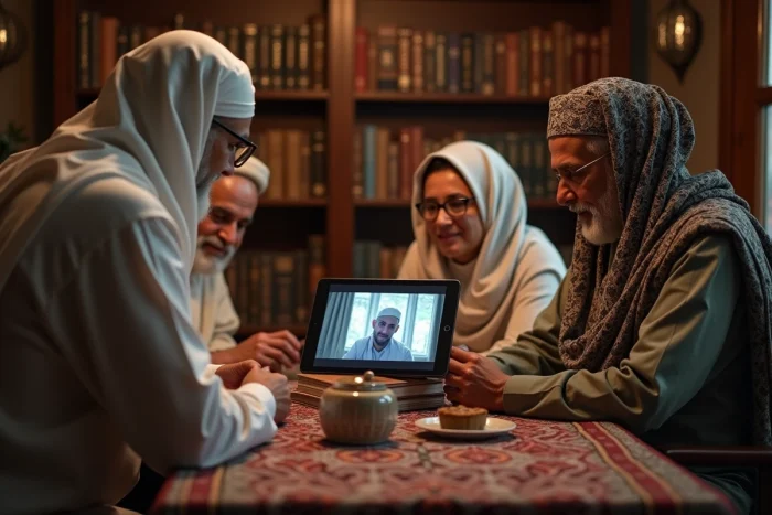Famille musulmane réunie autour d'une tablette pour assister à une cérémonie de nikah à distance avec un imam en visioconférence