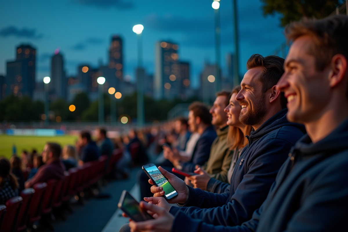 Supporters assis sur des bancs en soirée avec lumières urbaines