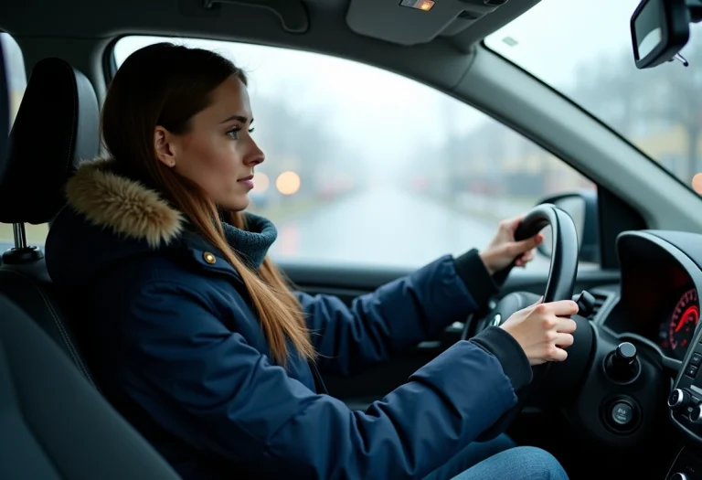Jeune femme en parka active les feux de brouillard dans une voiture par temps brumeux