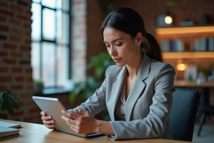 Femme consultant les dernières actualités en temps réel sur une tablette dans un bureau moderne