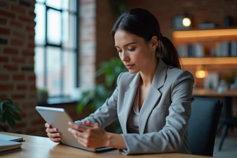 Femme consultant les dernières actualités en temps réel sur une tablette dans un bureau moderne
