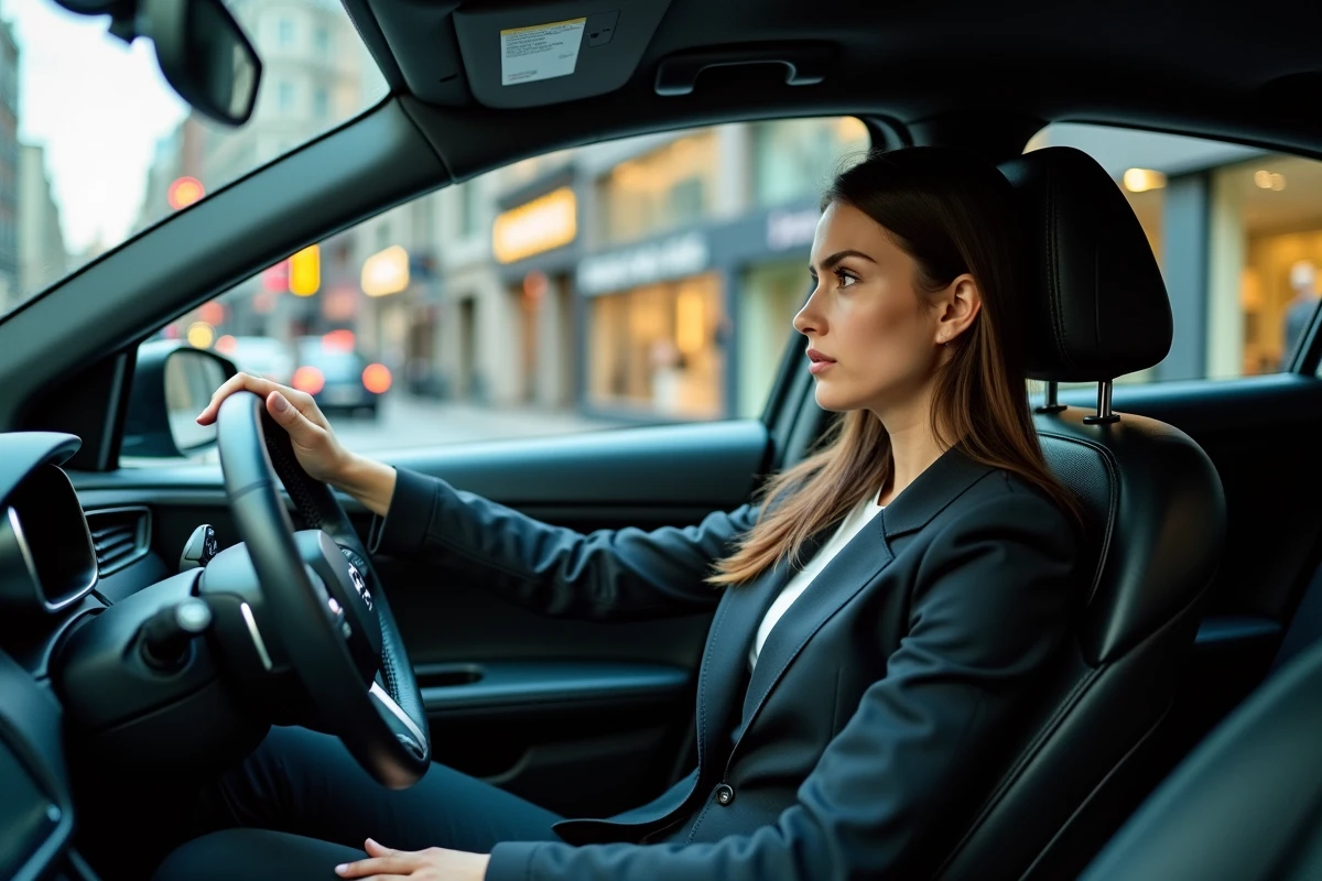 Jeune femme dans une voiture hybride en ville congestionnee