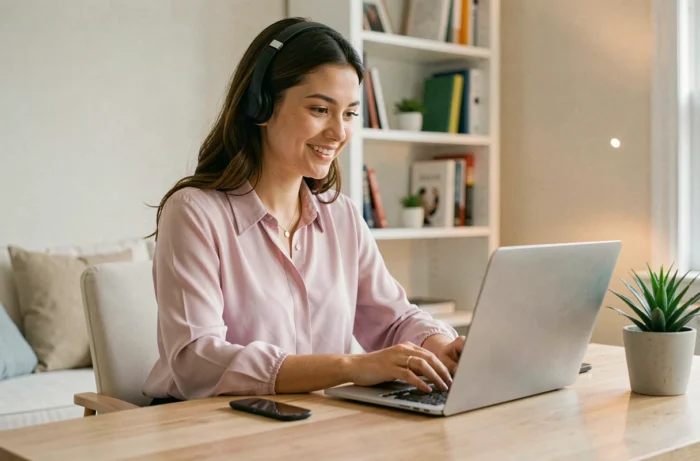 Jeune femme contactant le service client Bébé Magique depuis son bureau à domicile via un ordinateur portable