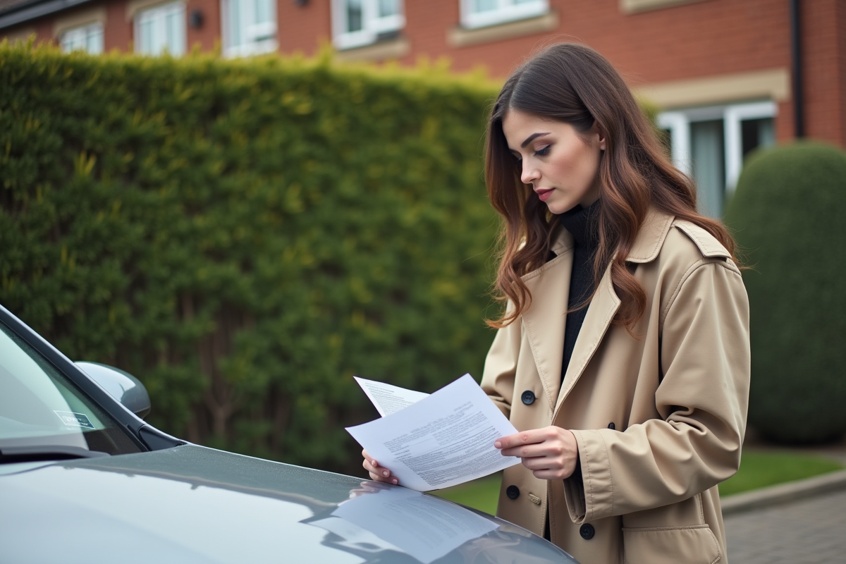 Femme examinant ses papiers de voiture sur le capot