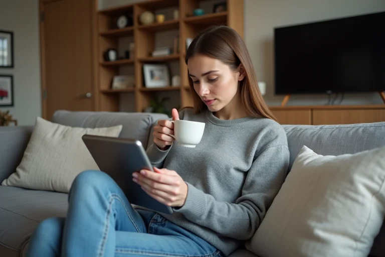 Femme détendue regardant une tablette dans un salon cosy
