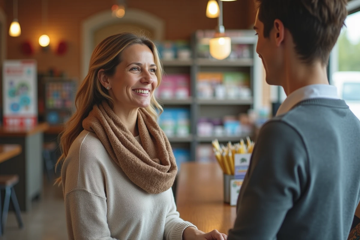 Femme souriante parlant au caissier dans un PMU moderne