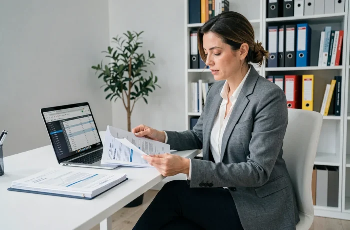 Une femme consulte un dossier de permis de construire et un financement immobilier sur son ordinateur dans un bureau à domicile