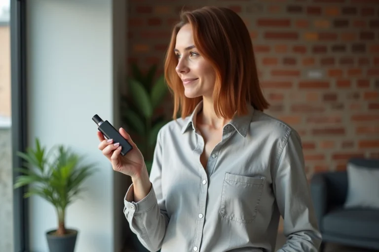 Femme tenant une e-cigarette rechargeable dans un appartement moderne avec vue sur la ville