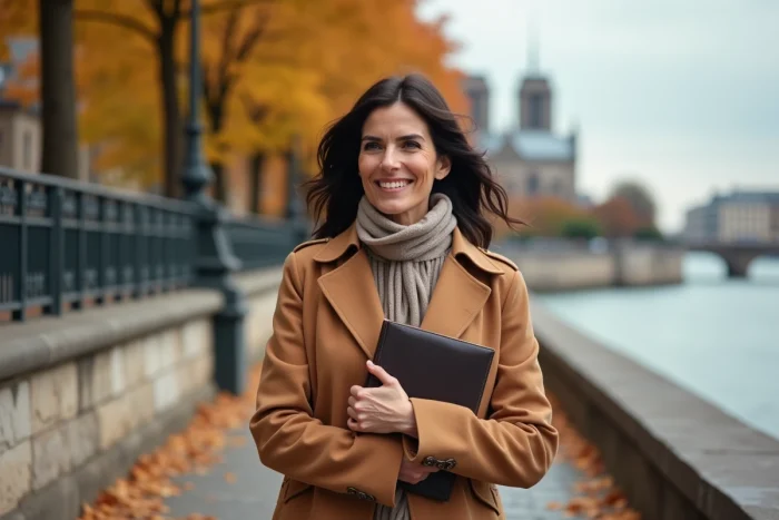 Femme élégante et cultivée se promenant sur les quais de Seine en automne, évoquant la vie privée et intellectuelle d'une compagne d'écrivain