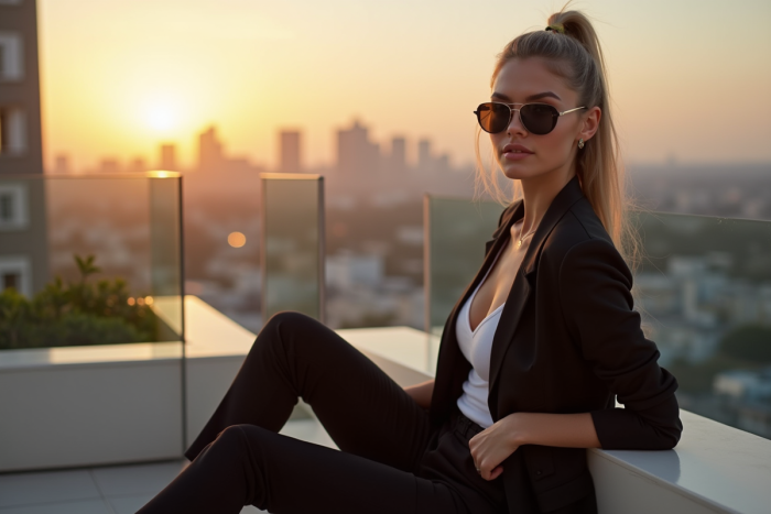 Femme confiante en streetwear élégant sur un rooftop au coucher
