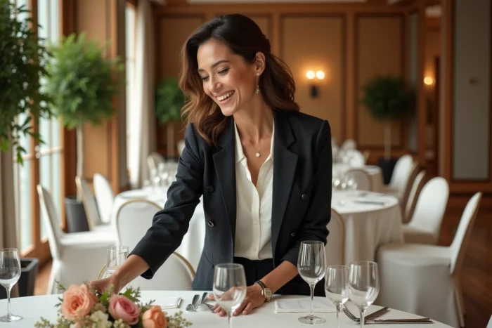 Femme élégante arrangeant la vaisselle lors d'une réception sophistiquée