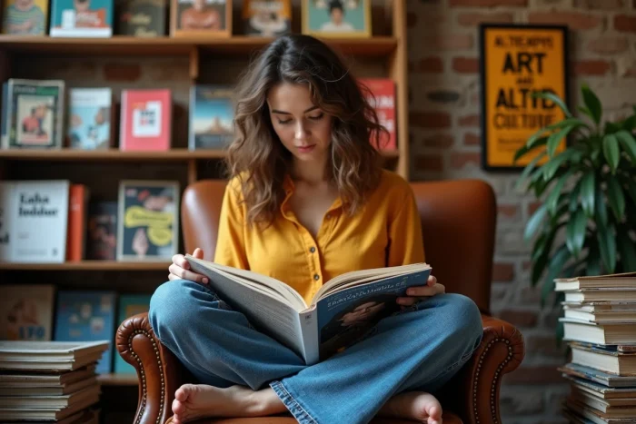 Femme lisant un magazine culturel dans une librairie indépendante entourée de livres d'art et de périodiques colorés