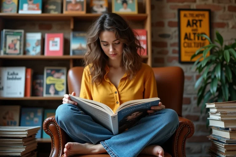 Femme lisant un magazine culturel dans une librairie indépendante entourée de livres d'art et de périodiques colorés