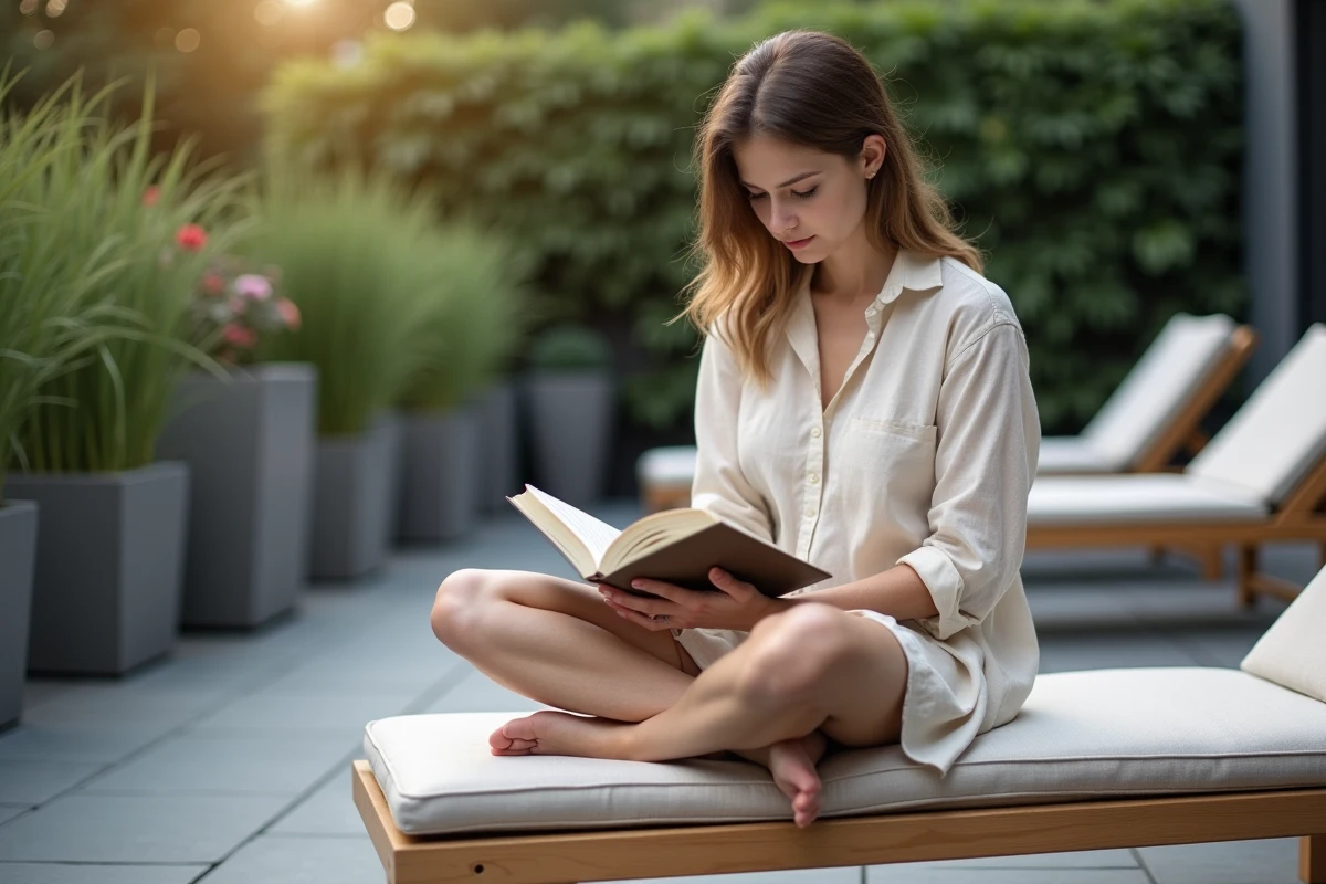 Jeune femme lisant un livre sur une terrasse moderne