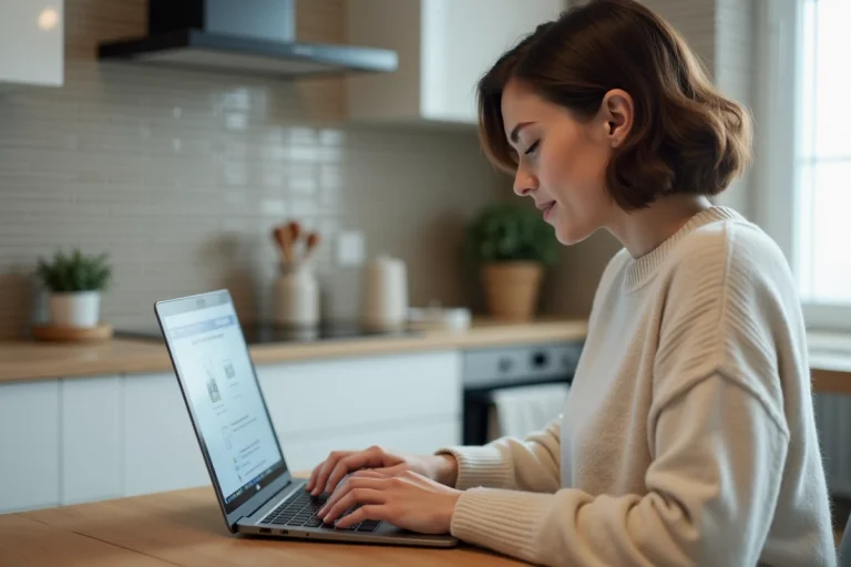 Femme utilisant un ordinateur portable dans une cuisine moderne