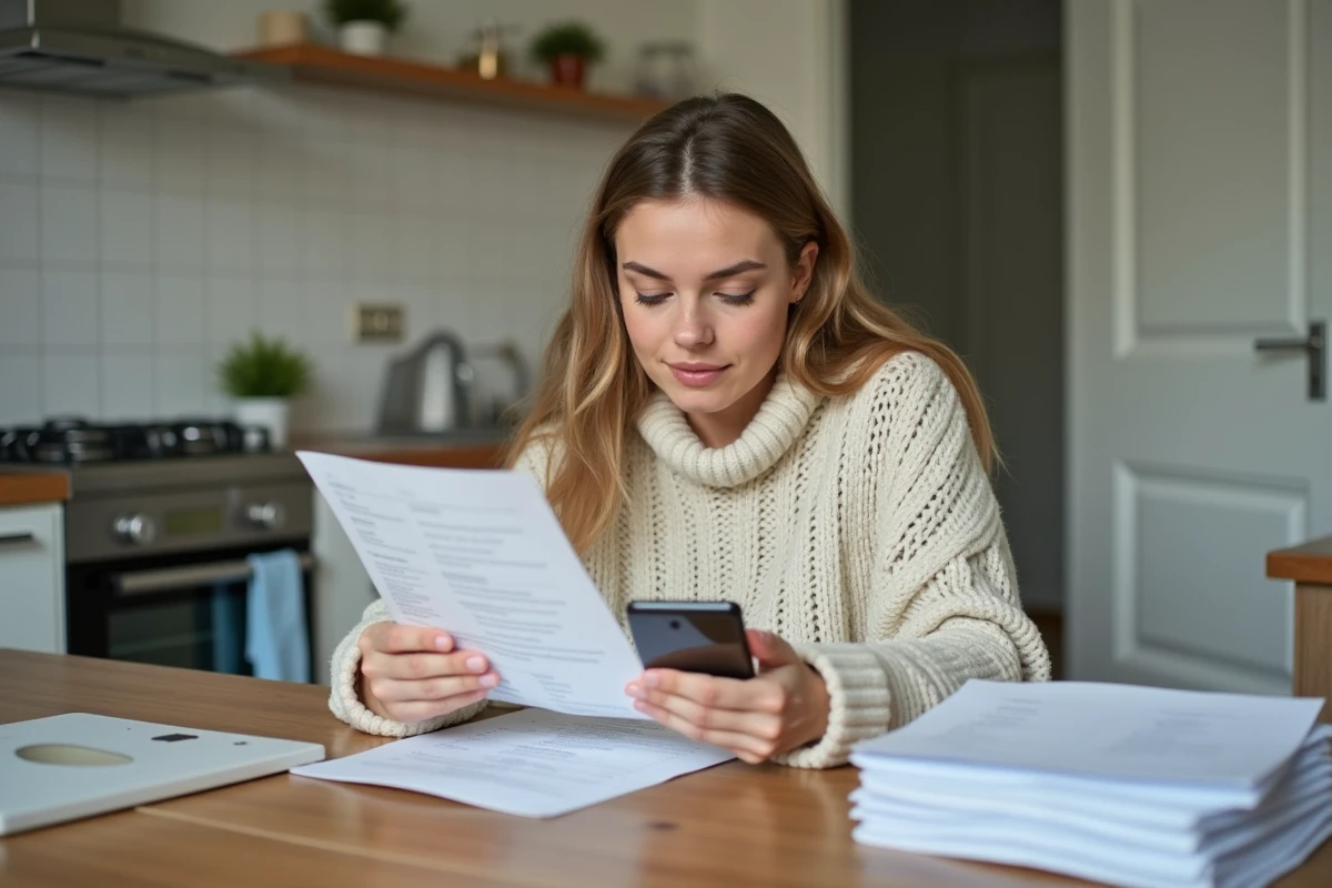 Femme configurant son compte bancaire à la cuisine