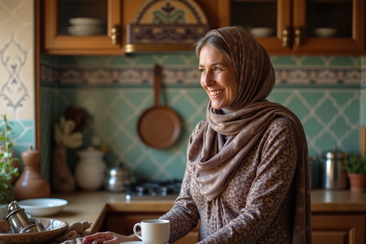 Femme nord-africaine préparant le thé dans la cuisine