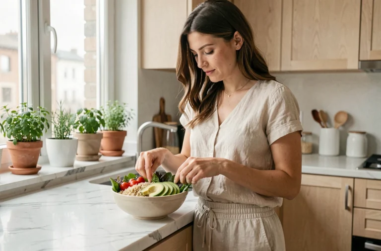 Femme préparant un Buddha bowl sain dans une cuisine scandinave moderne, alimentation équilibrée et bien-être